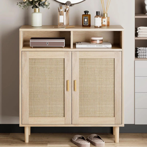 جاکفشی یا کنسول دو در حصیری – طراحی مینیمال از چوب روس و راش | مناسب ورودی و اتاق خواب