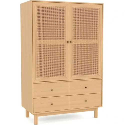 کمد چوبی لباس کشودار با طراحی درب حصیری و دکوراتیو